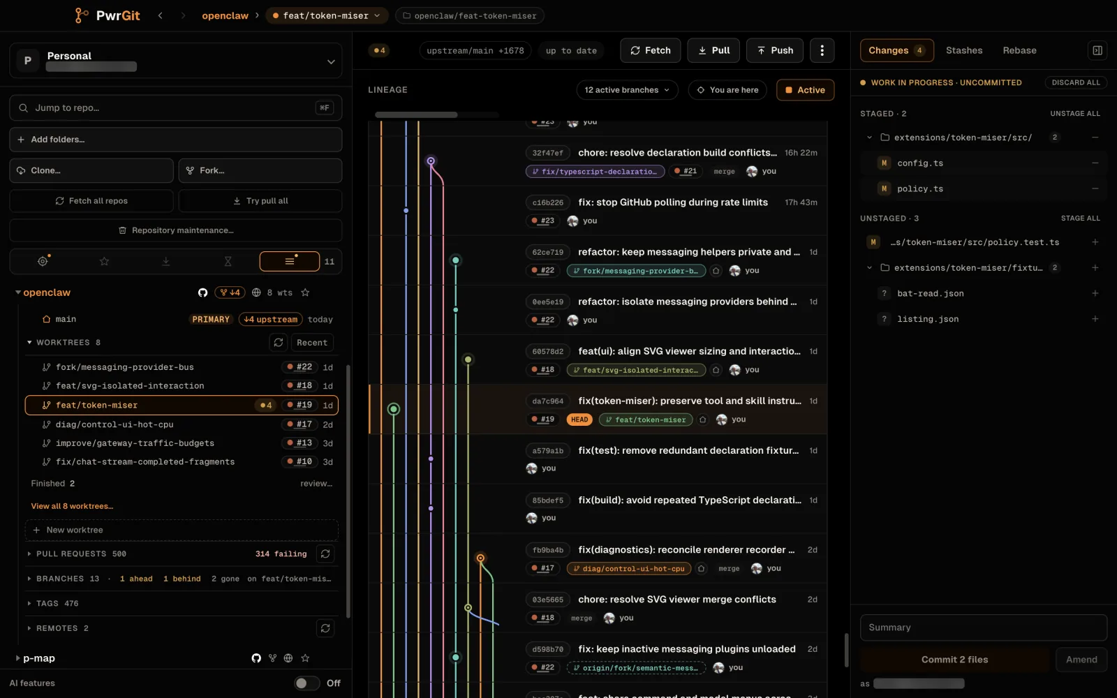 The feat/token-miser worktree with uncommitted work. The Changes rail lists two staged files, config.ts and policy.ts, and three unstaged ones, policy.test.ts and two new fixture files, above a Summary field, a Commit 2 files button and an Amend button.