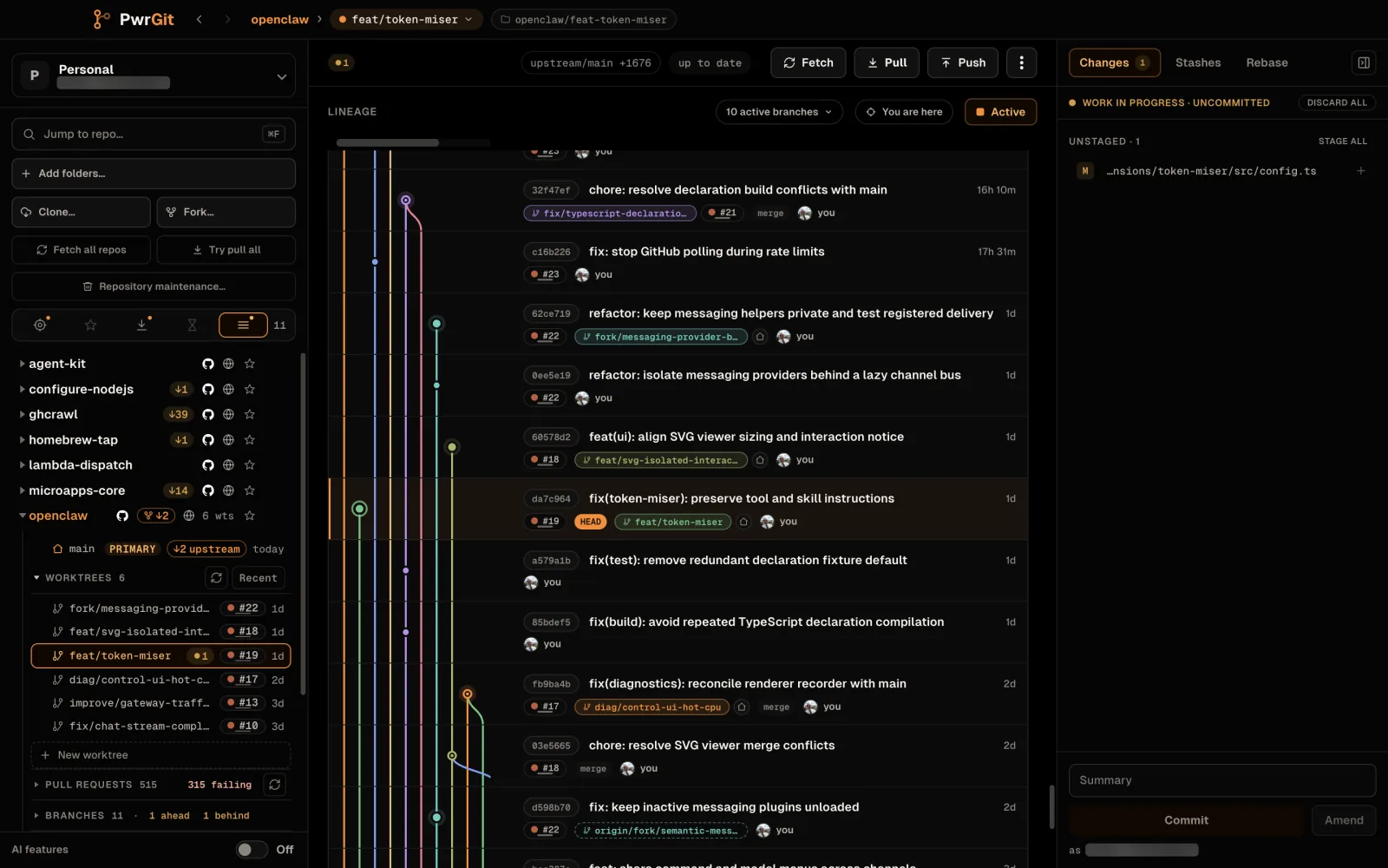 The PwrGit window, dark theme. The sidebar lists eleven repositories; openclaw, a fork, is expanded with a fork badge reading 2 behind, its main checkout marked primary and 2 behind upstream, and six linked worktrees such as fork/messaging-provider-bus, feat/token-miser and fix/chat-stream-completed-fragments, each with its pull request number. The centre pane draws the lineage graph of those branches as coloured lanes with branch chips and pull request numbers; feat/token-miser is selected and its one uncommitted file, config.ts, is listed in the Changes rail on the right.