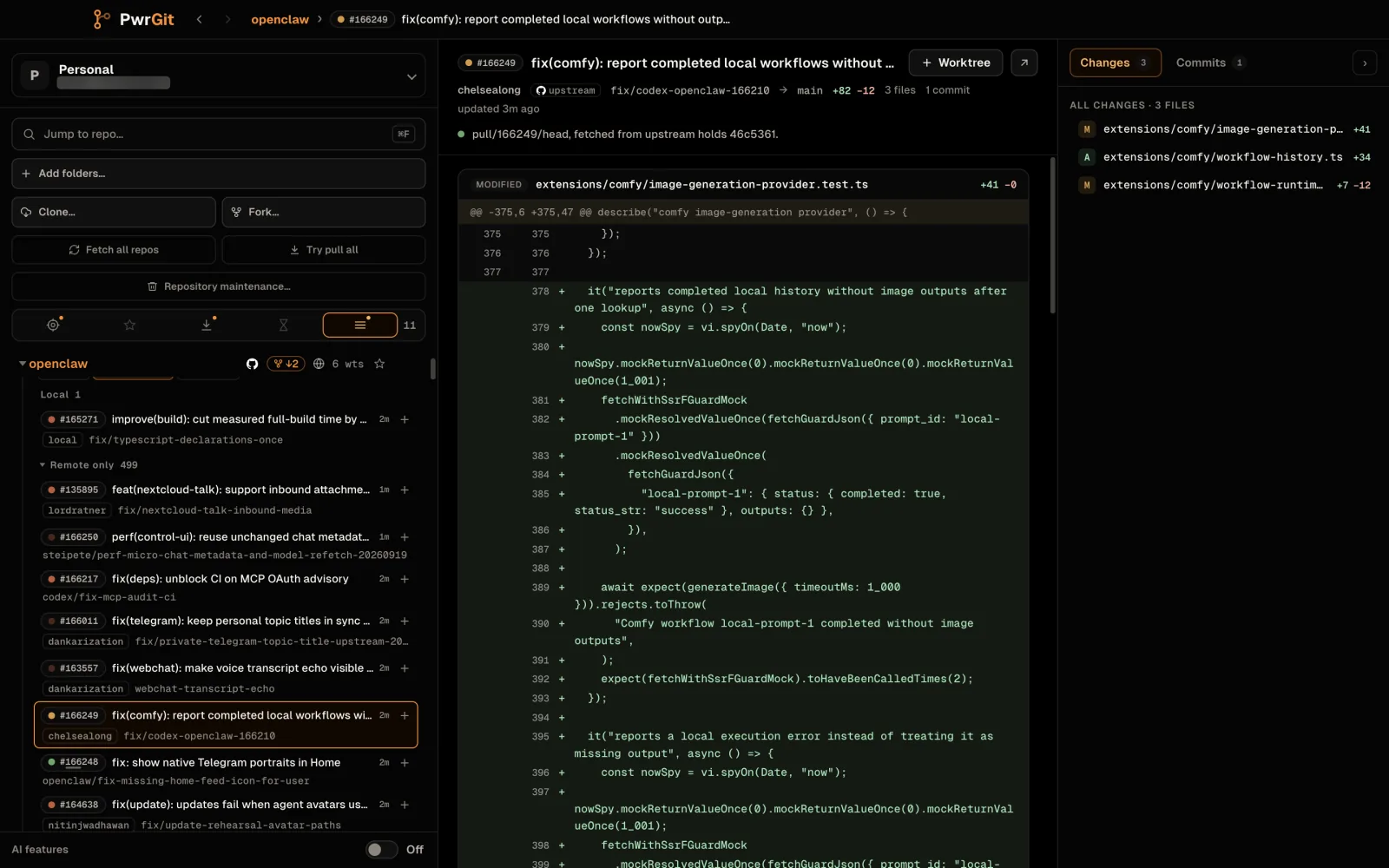 An upstream openclaw pull request, #166249, open in the main pane: its title, author, branch and size (+82 −12, 3 files, 1 commit), a line saying which revision is shown — pull/166249/head fetched from upstream — and the diff of a test file. The rail on the right lists the three changed files.