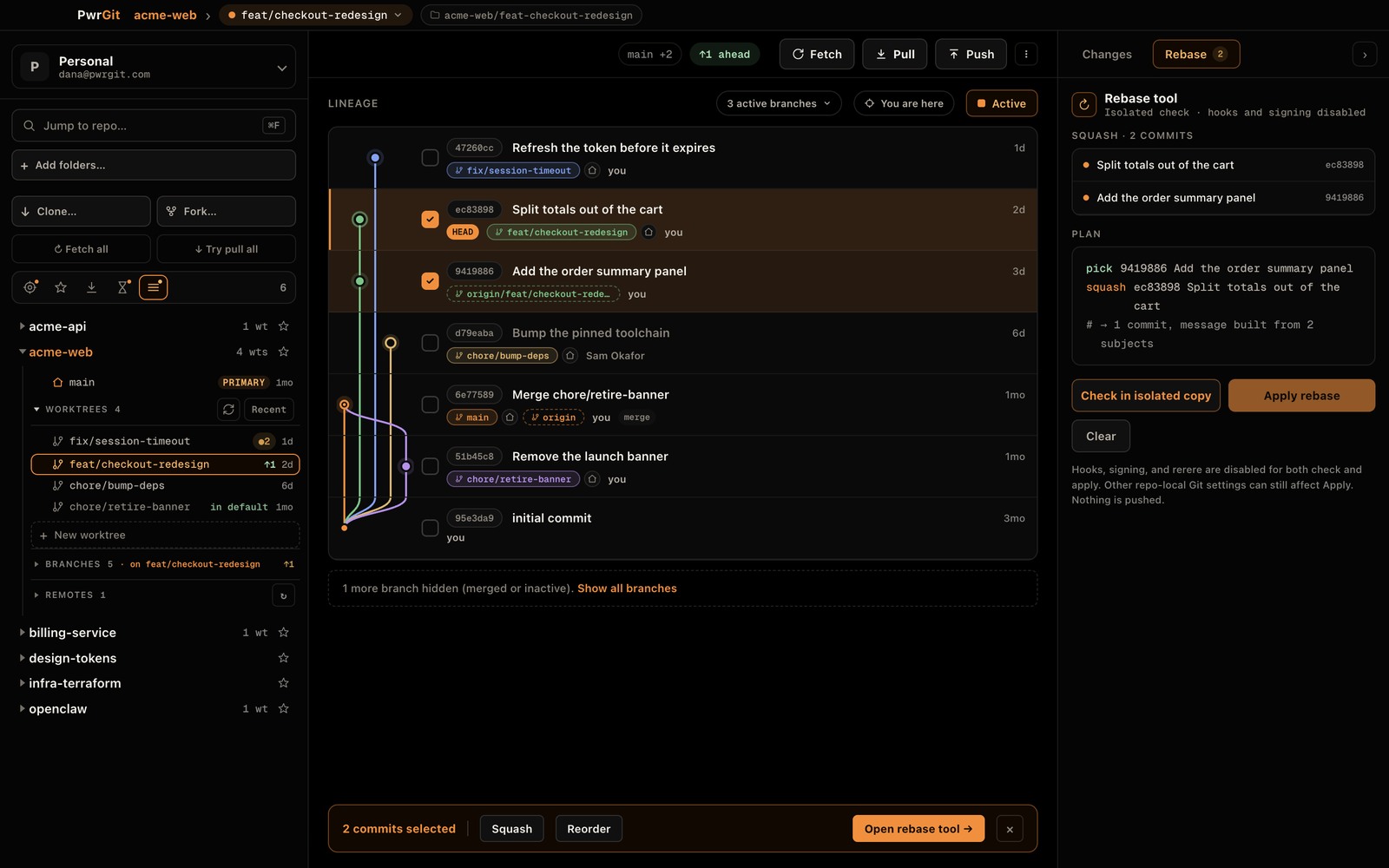 Two commits are ticked in the lineage graph and a bar at the bottom reads 2 commits selected with Squash and Reorder buttons. The right rail shows the Rebase tool: SQUASH, 2 COMMITS, then a plan reading pick 9419886 Add the order summary panel and squash ec83898 Split totals out of the cart, summarised as one commit with a message built from two subjects. Below it are Check in isolated copy and Apply rebase buttons.