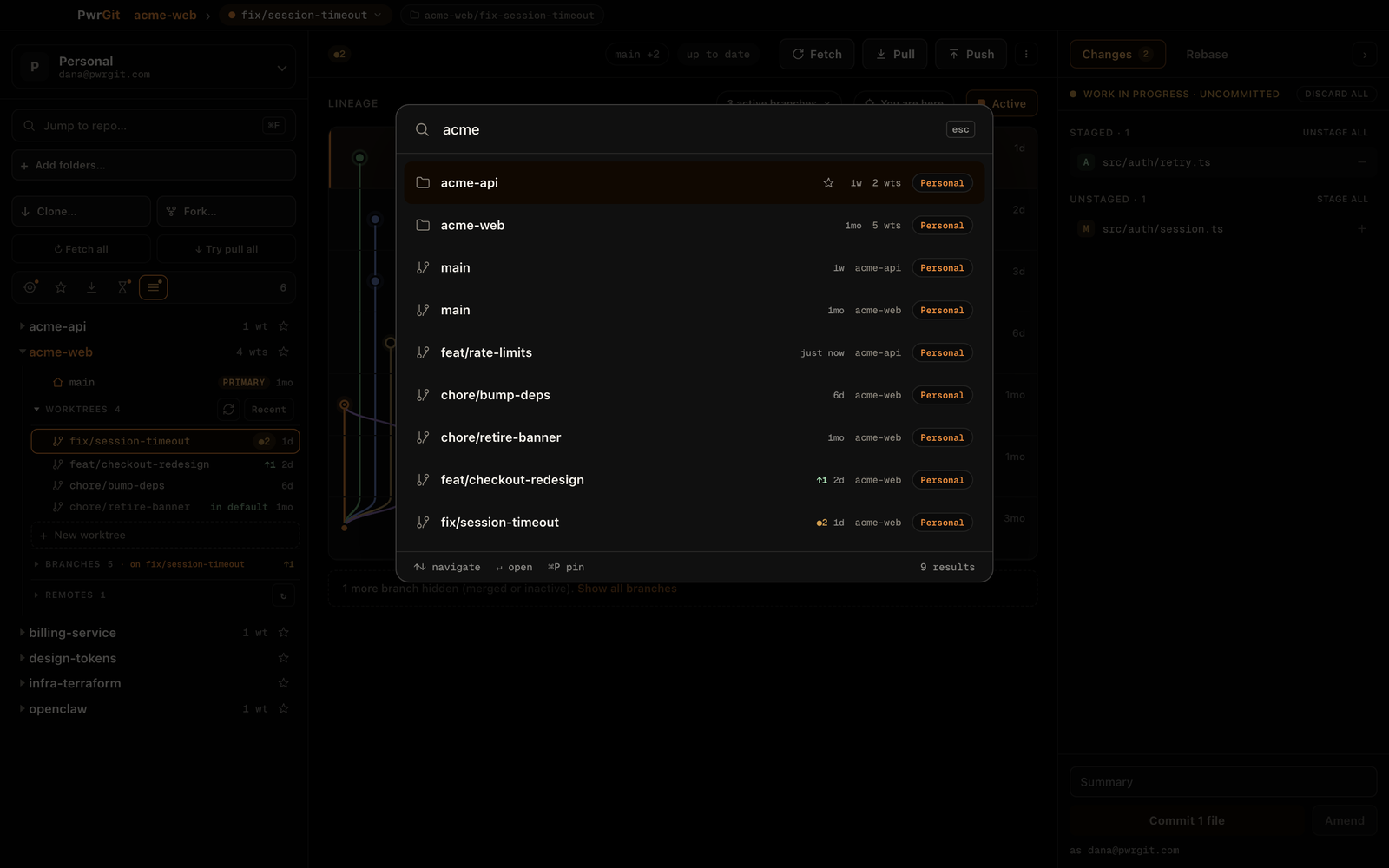 A search overlay covering the window, with the query acme typed into its box and a list of matching results beneath, each row naming a repository or a worktree.