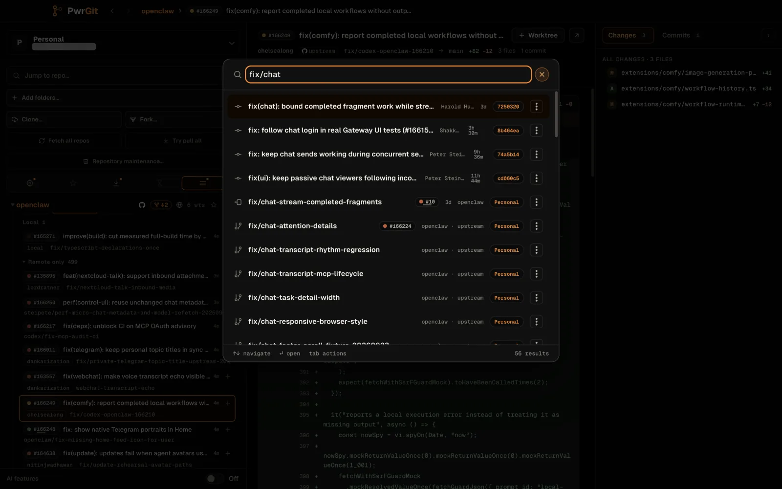 The command palette over the window with the query fix/chat. Results mix kinds: commits, a worktree row for fix/chat-stream-completed-fragments with its pull request number, and remote branches from upstream, each naming its repository. The footer counts 56 results.