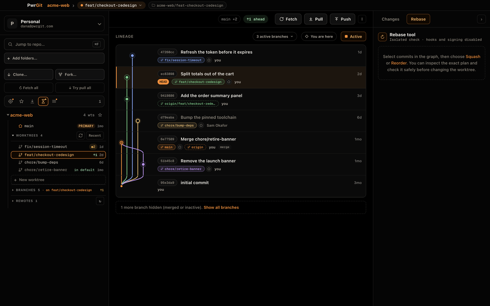 The sidebar with the Stale lens selected, showing a count of one. Only acme-web is listed, and among its worktrees chore/retire-banner is annotated in default and last active one month ago. Beneath the lineage graph a note reads: one more branch hidden, merged or inactive.