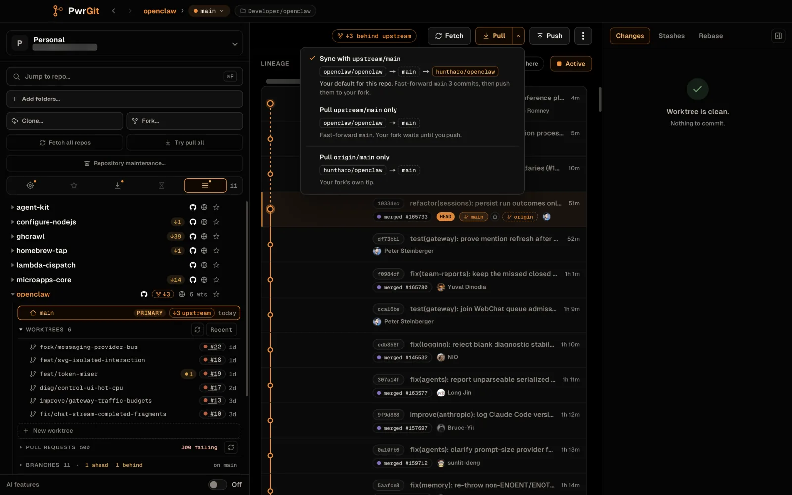 The openclaw fork's main checkout, 3 behind upstream. The Pull menu is open with three choices: Sync with upstream/main, checked, routed openclaw/openclaw to main to huntharo/openclaw; Pull upstream/main only; and Pull origin/main only. Each shows its route and one line on what it does.